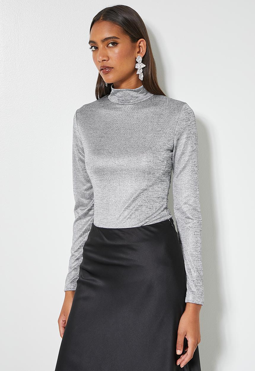 VELVET - Metallic turtle neck fitted top - grey melange