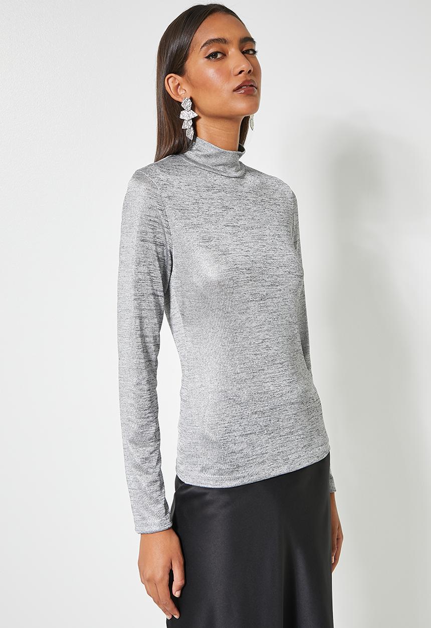 VELVET - Metallic turtle neck fitted top - grey melange