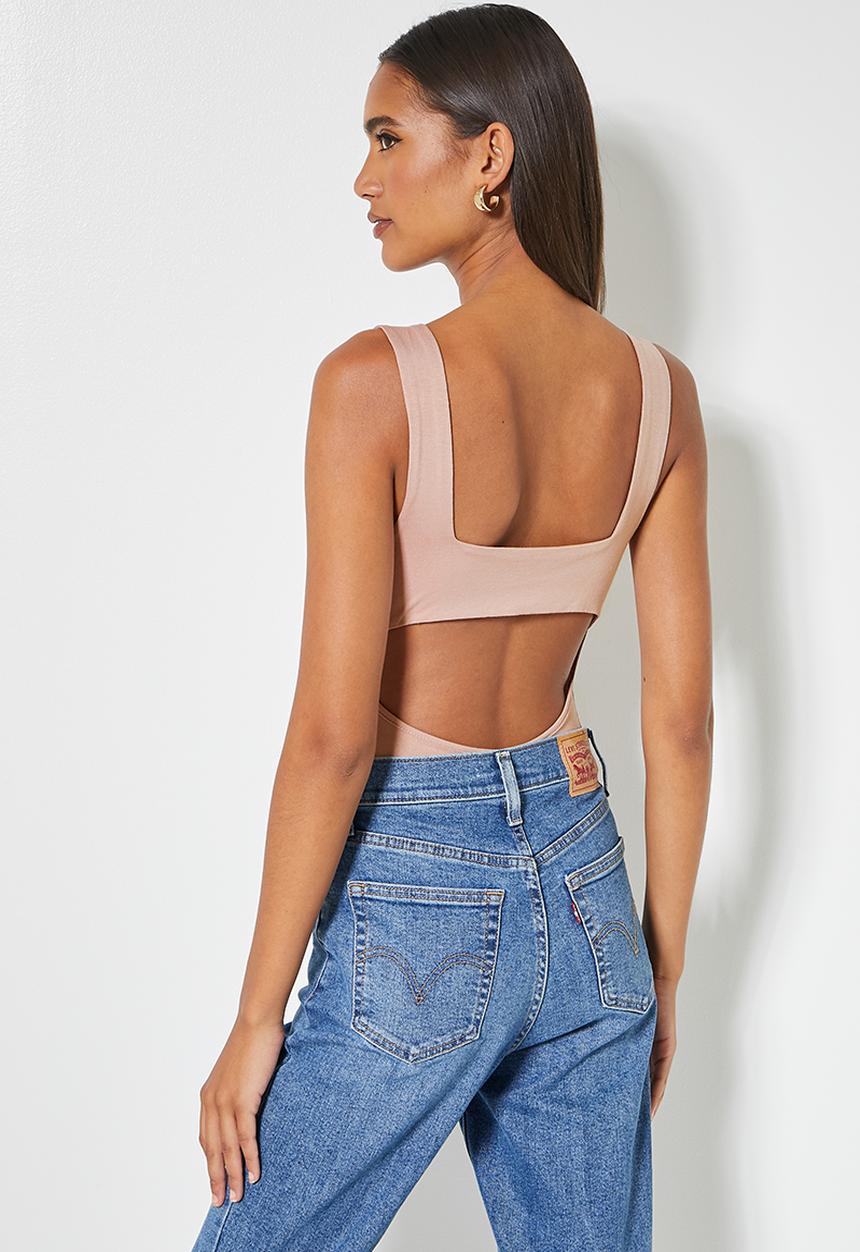 VELVET - Slash neck bodysuit with cutout back - biscuit