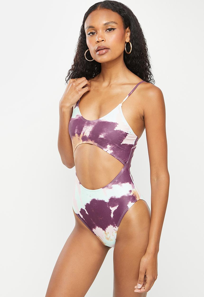 Missguided - Contrast tie dye cut out swimsuit - plum
