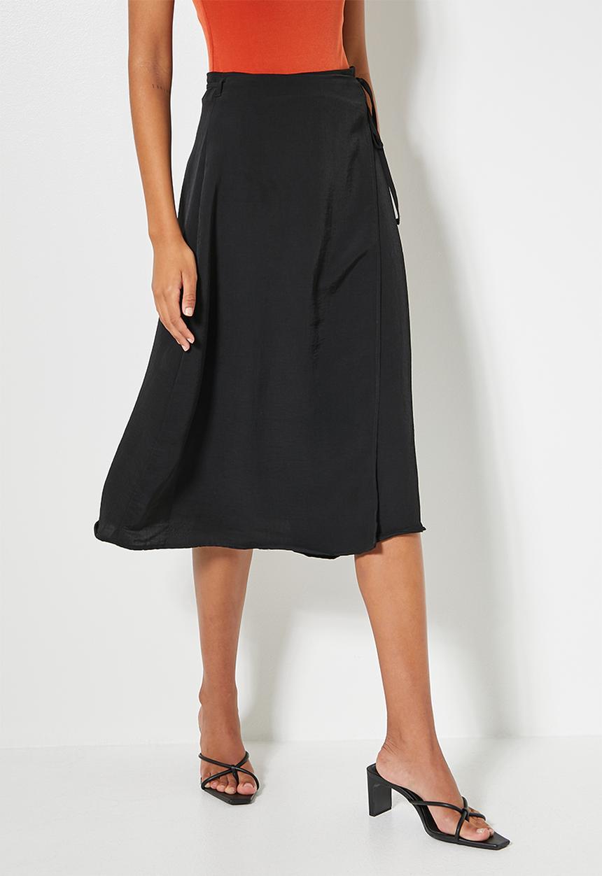 VELVET - Satin wrap midi skirt - black