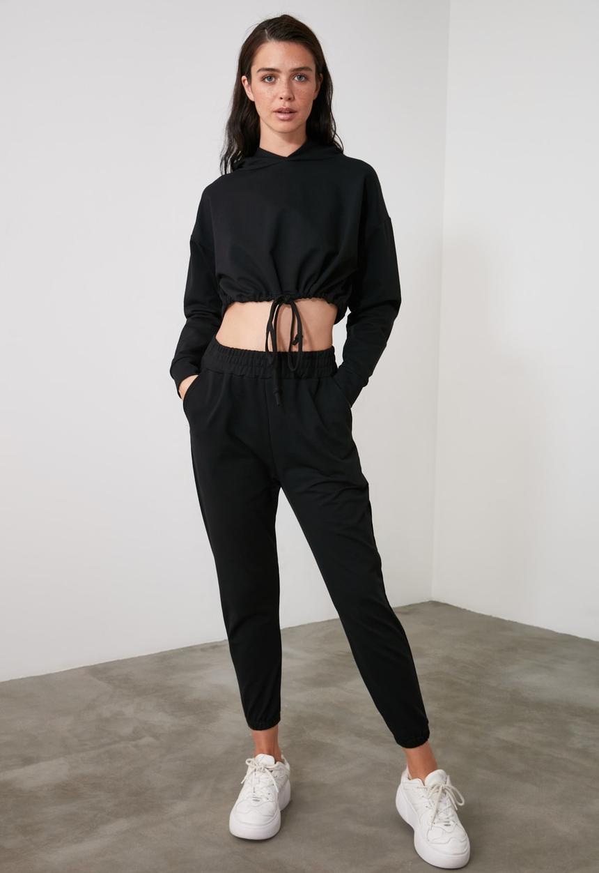 Trendyol - Crop hoodie knit tracksuit set - black