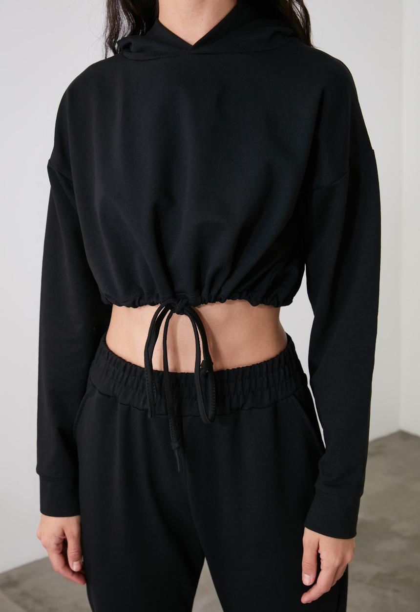 Trendyol - Crop hoodie knit tracksuit set - black