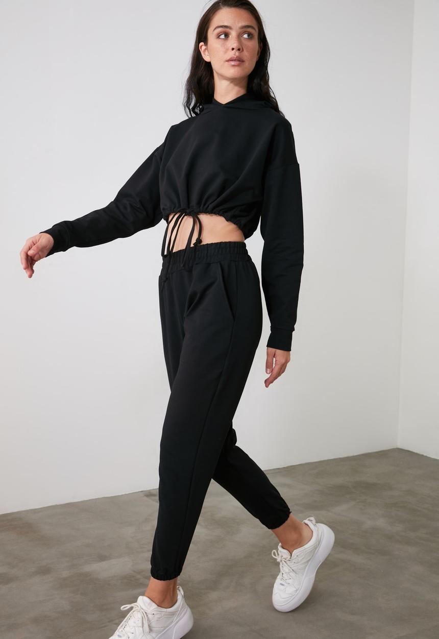Trendyol - Crop hoodie knit tracksuit set - black
