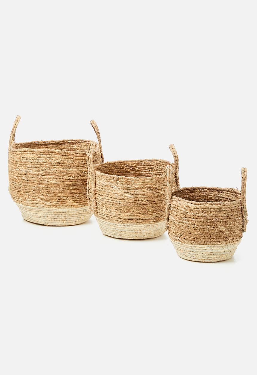 H&S - Straw basket set of 3 - white & natural