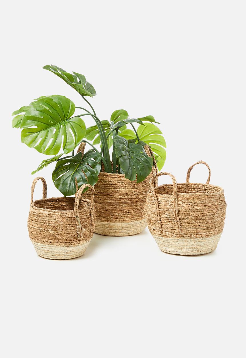 H&S - Straw basket set of 3 - white & natural