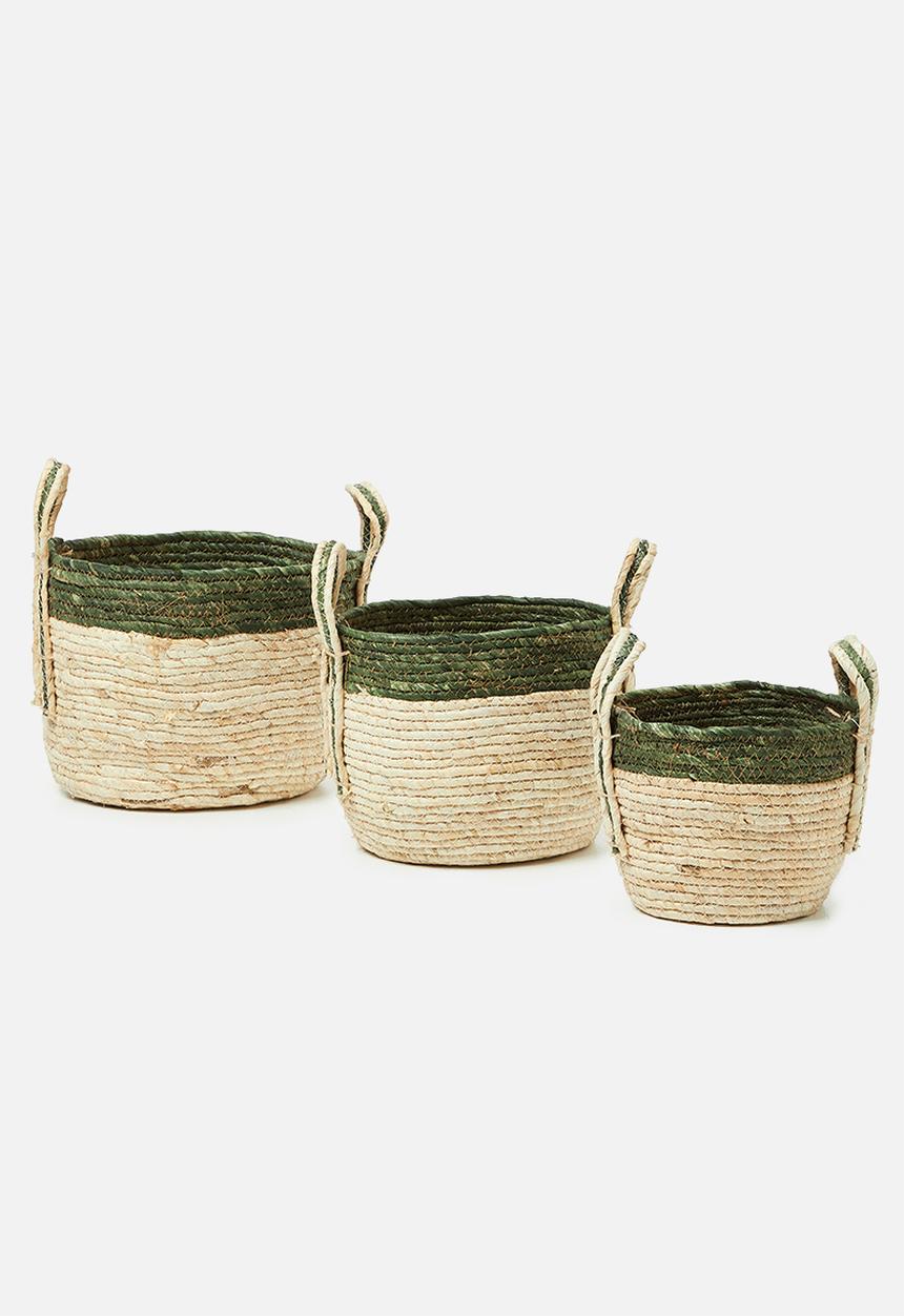 H&S - Straw basket set of 3 - green & natural