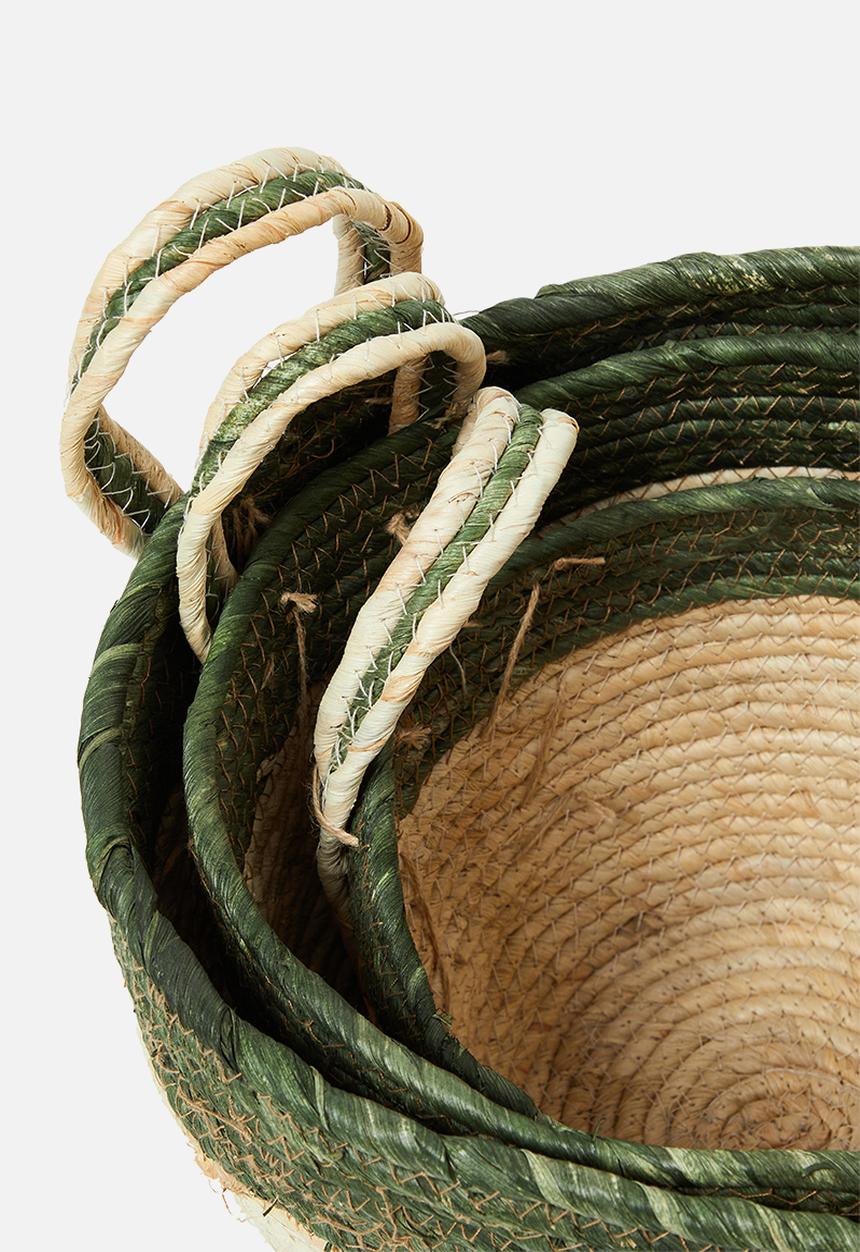 H&S - Straw basket set of 3 - green & natural