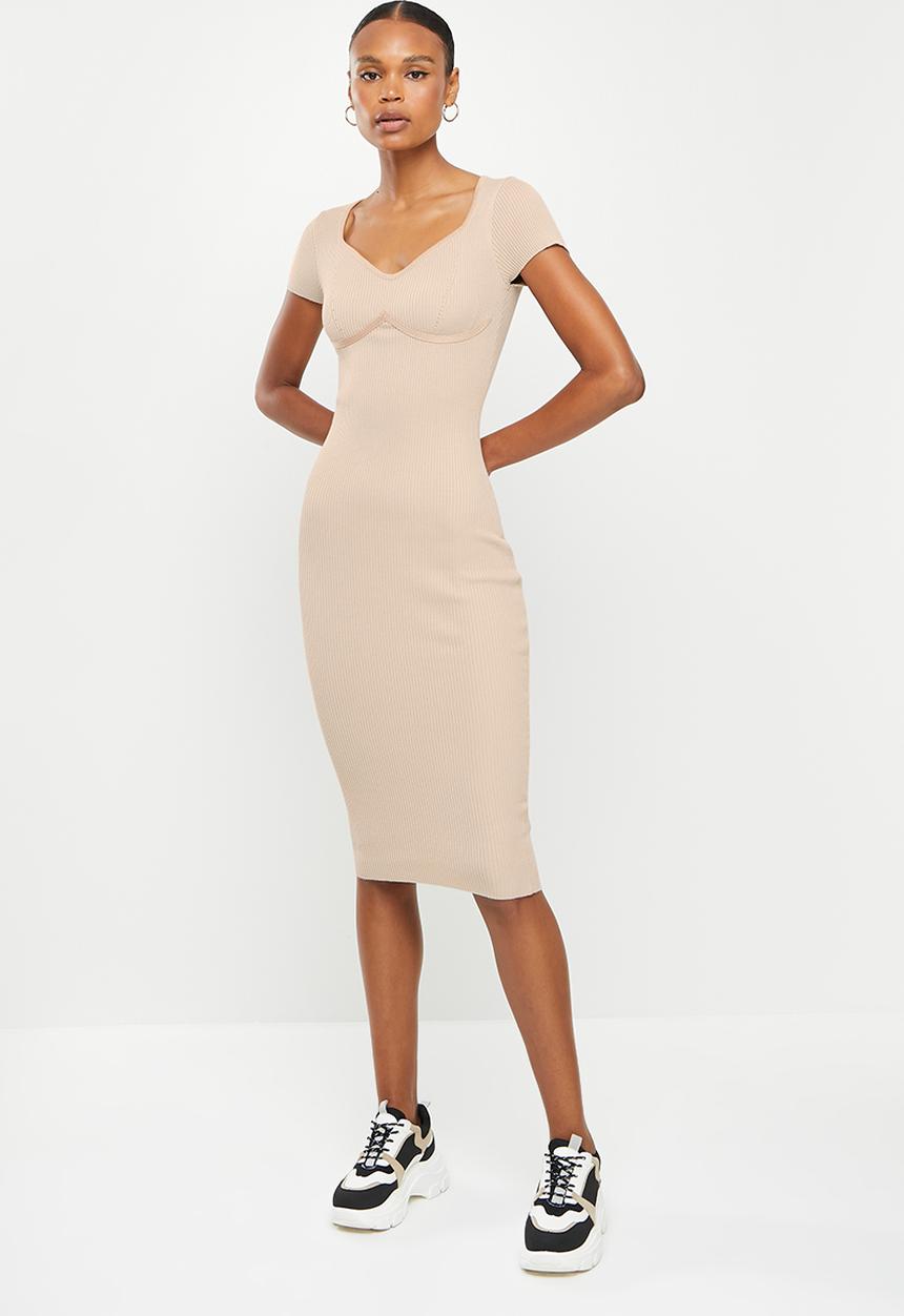 Missguided - Sweetheart neck cap sleeve midi dress - tan