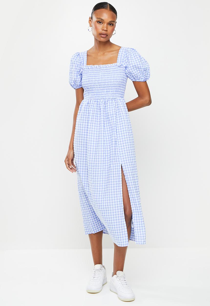 Missguided - Puff sleeve short sleeve gingham midi dress - blue