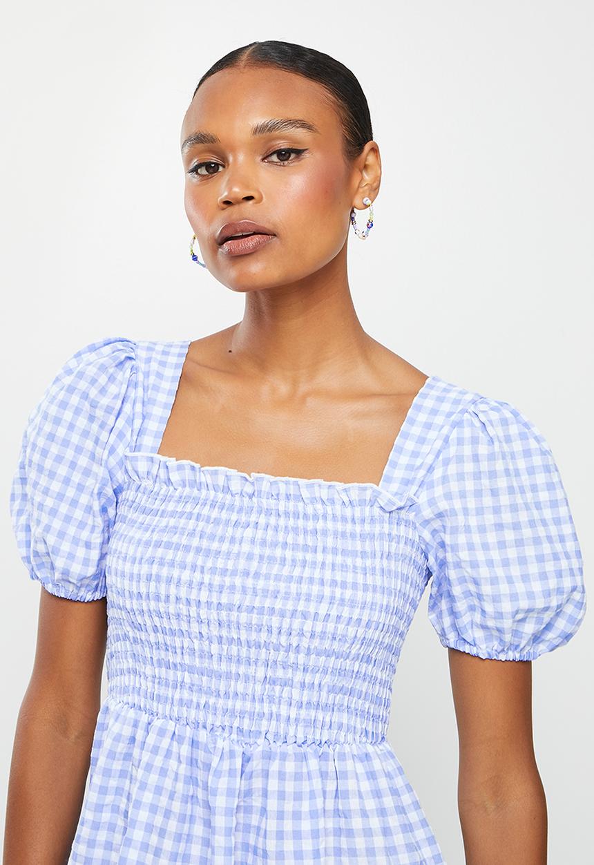 Missguided - Puff sleeve short sleeve gingham midi dress - blue