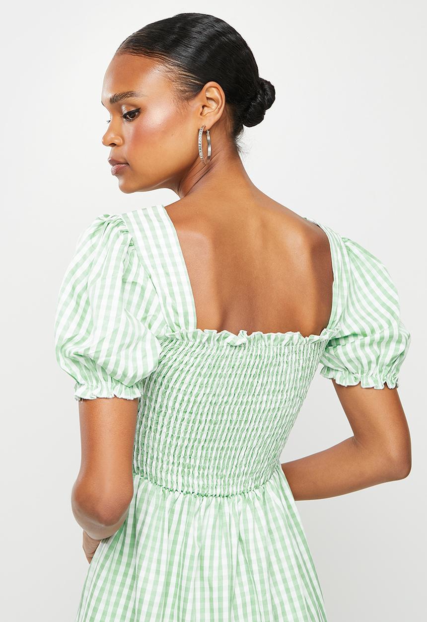 Missguided - Gingham puff sleeve shirred bust mini dress - mint