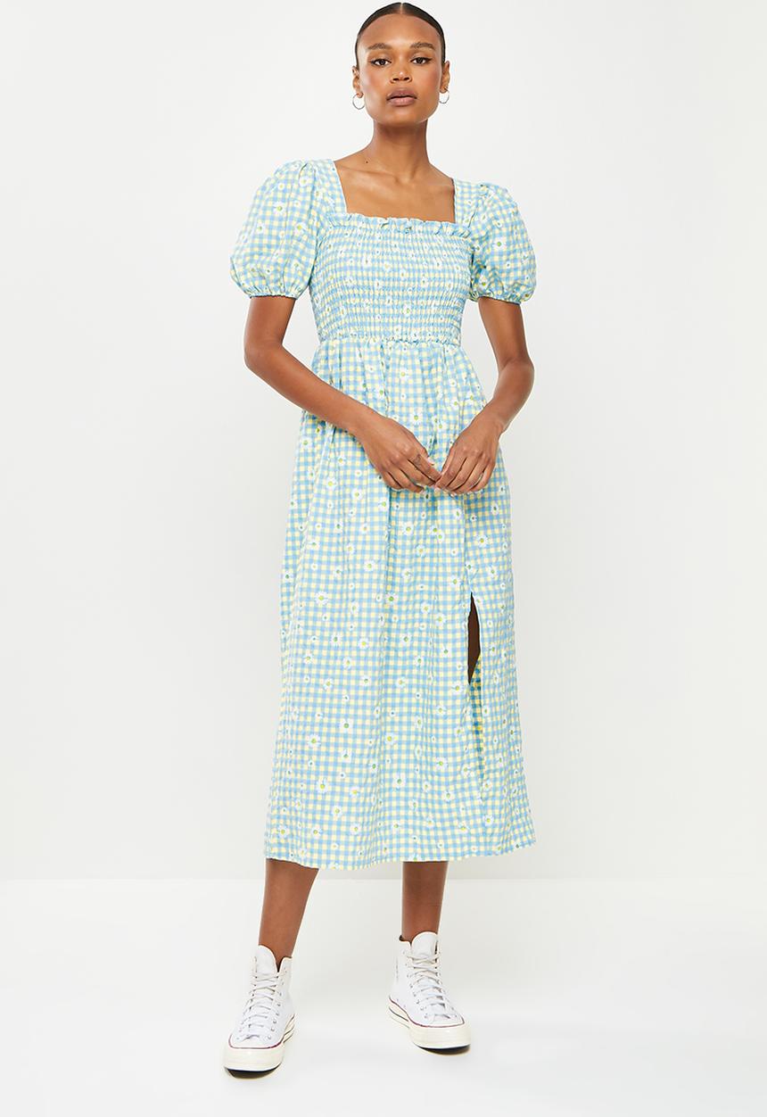 Missguided - Floral gingham puff sleeve midi dress - blue