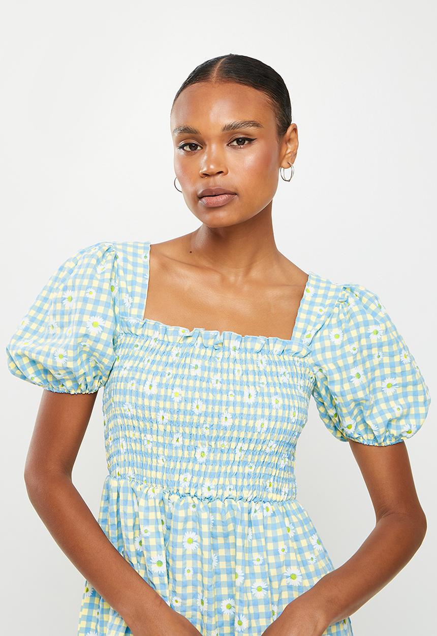 Missguided - Floral gingham puff sleeve midi dress - blue