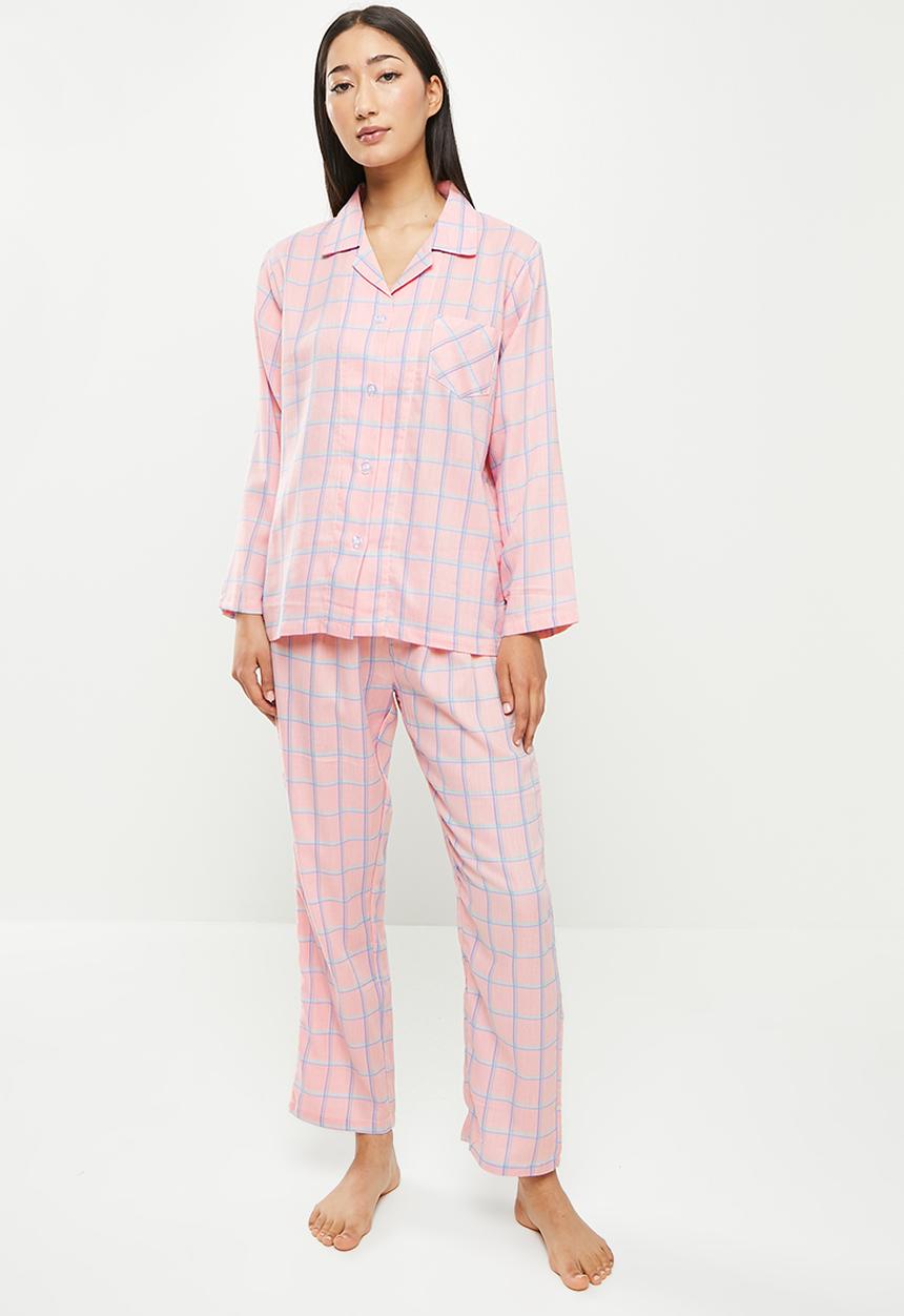 dailyfriday - Check flannel sleep shirt & pants set - pink 