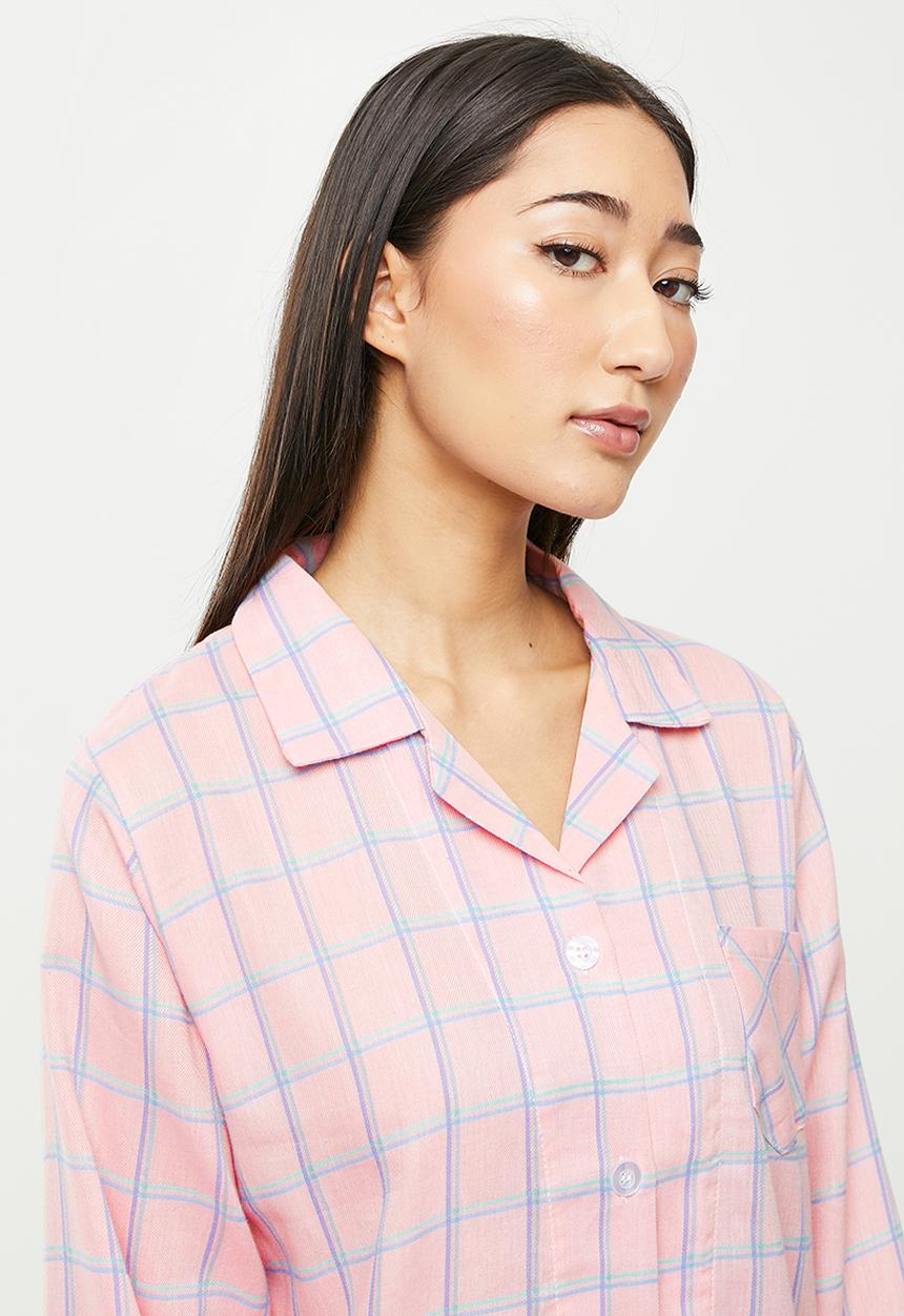 dailyfriday - Check flannel sleep shirt & pants set - pink 