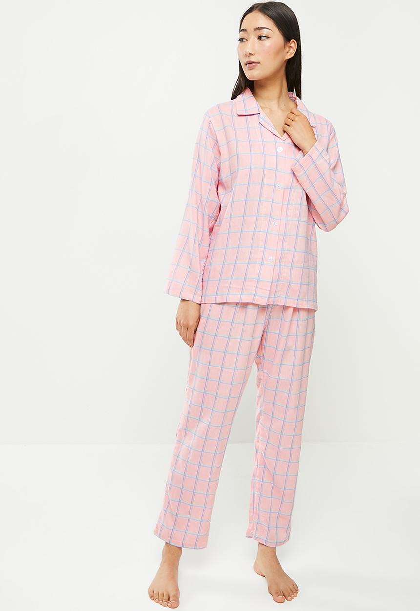 dailyfriday - Check flannel sleep shirt & pants set - pink 