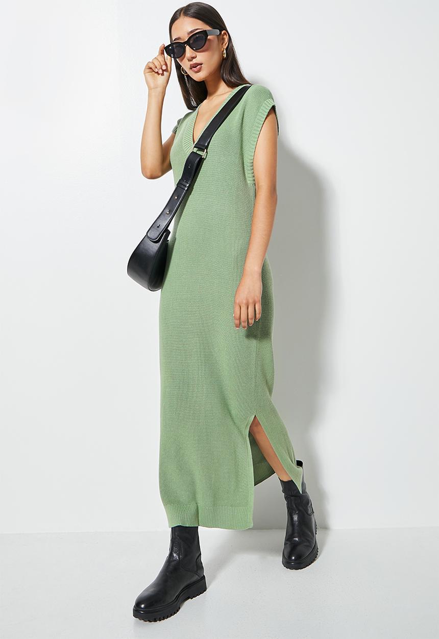 Superbalist - Organic cotton v neck  knitwear dress - deep sage