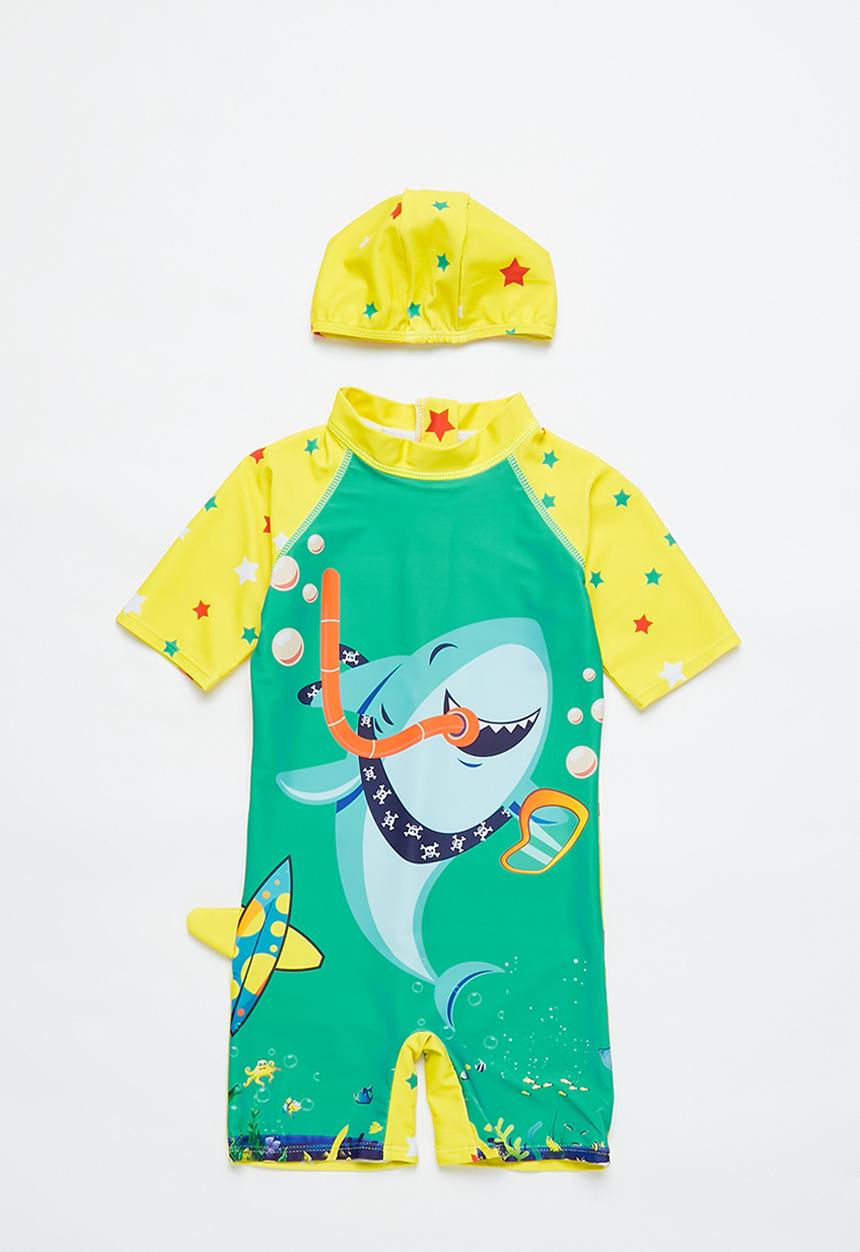 Pop Candy - Boys shark swimsuit & cap set - teal & yellow