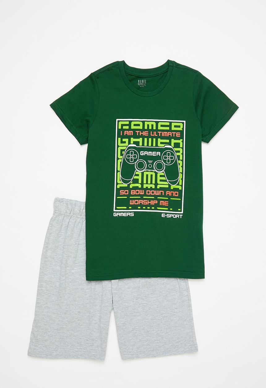 Rebel Republic - Boys tee & shorts pj set - green & grey 