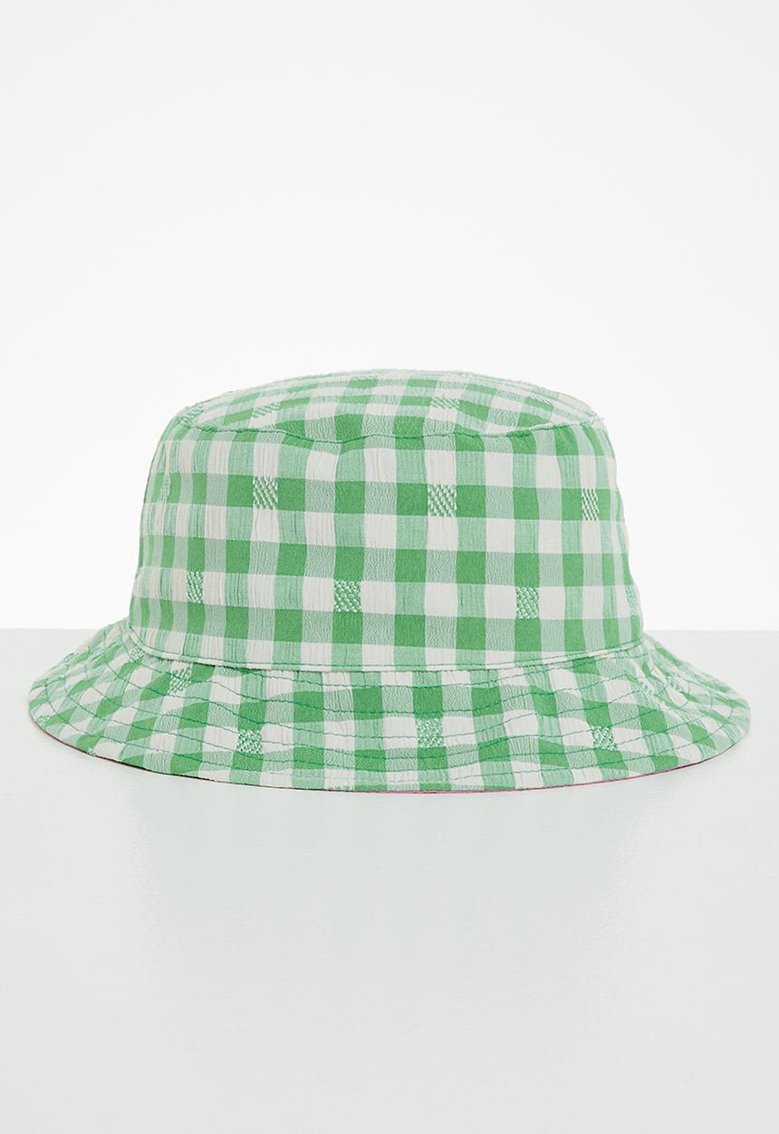 Me&B - Reversable bucket hat with large ties - green gingham/pink