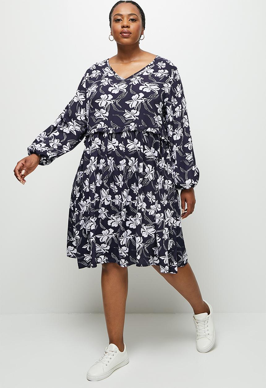 edit Plus - Plus a-line tiered dress - navy & white