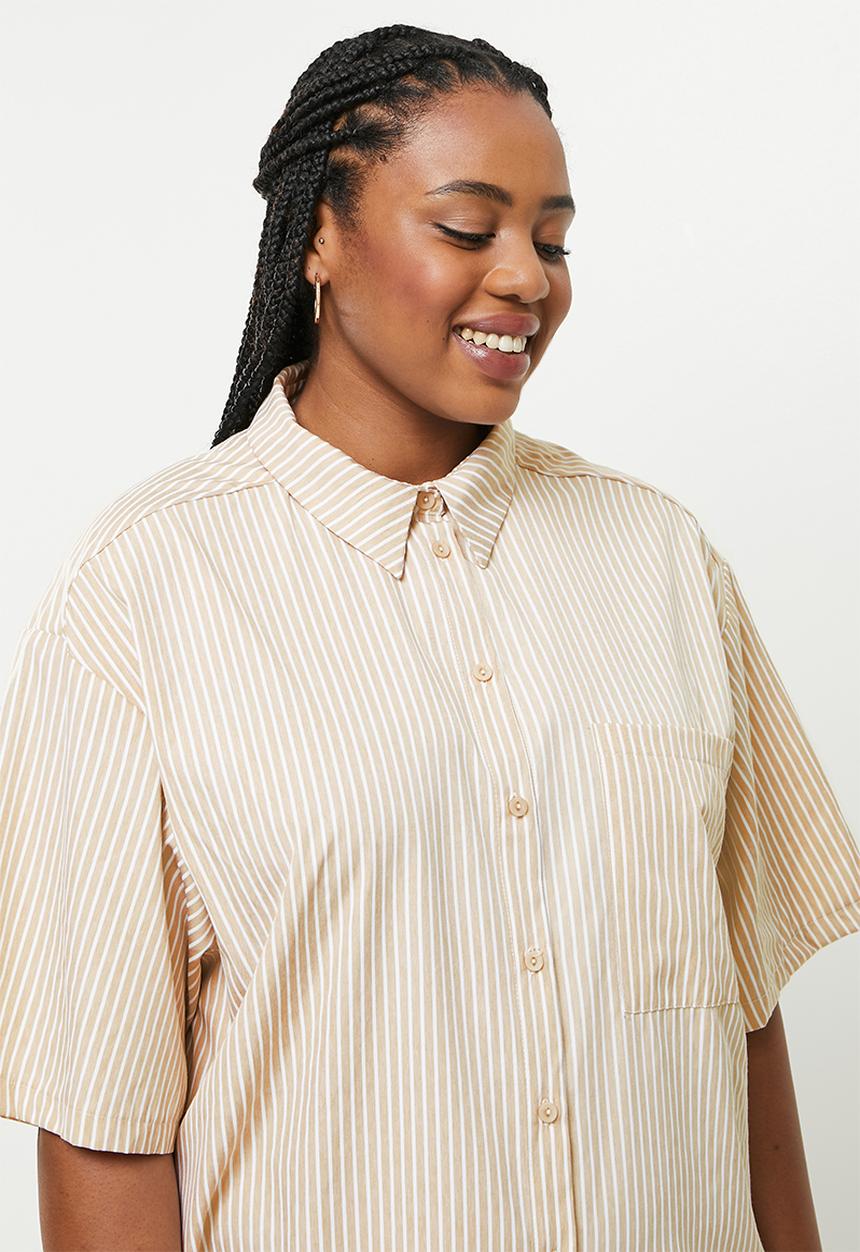 Me&B - Plus short shirtdress - stone & white 