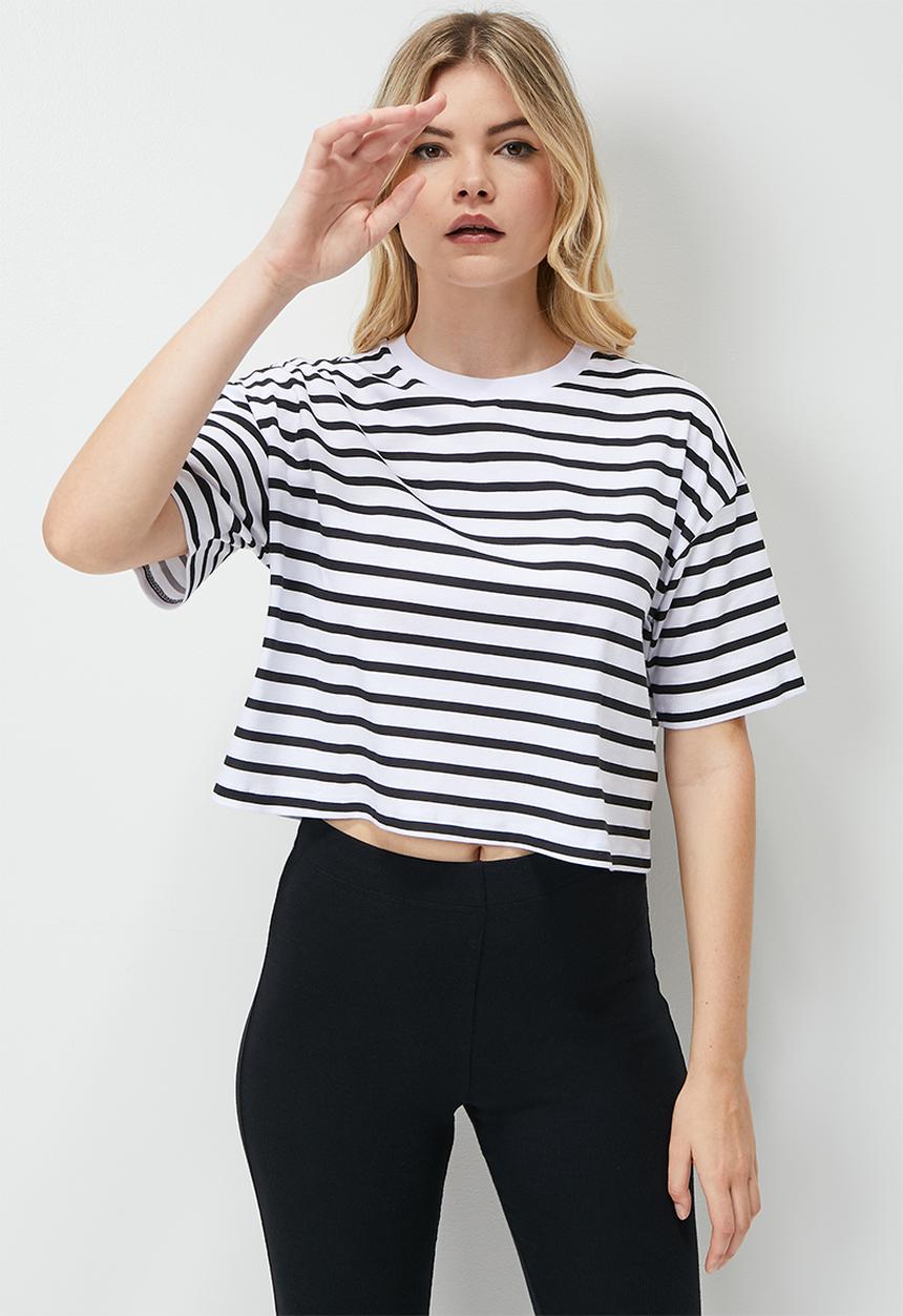 Blake - Striped boxy cropped tee  white stripe - white/black