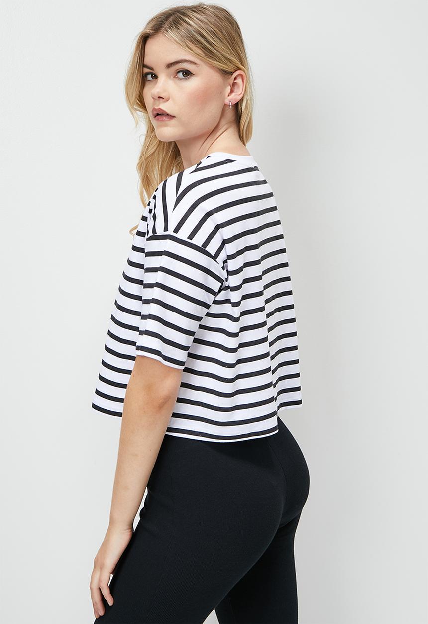 Blake - Striped boxy cropped tee  white stripe - white/black