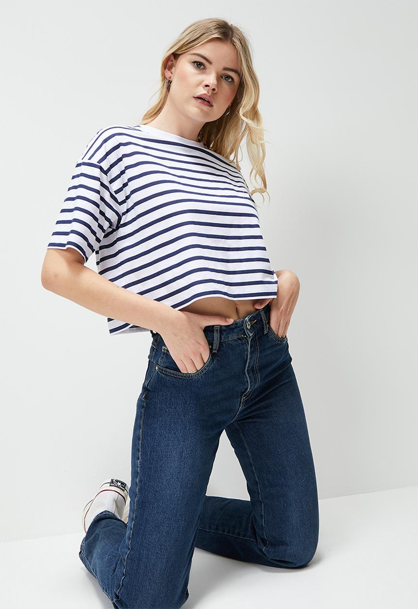Blake - Striped boxy cropped tee navy stripe - navy/white