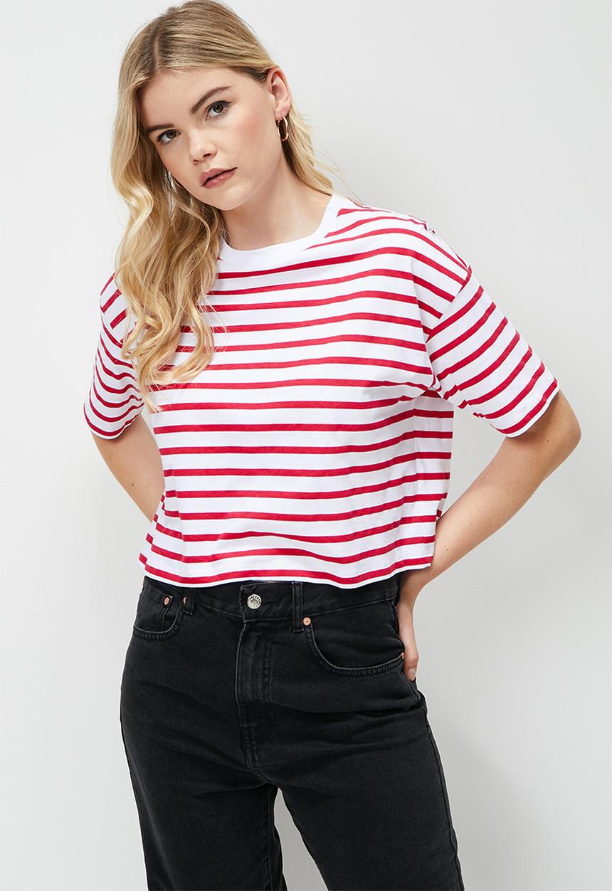 Blake - Striped boxy cropped tee red stripe - red/white