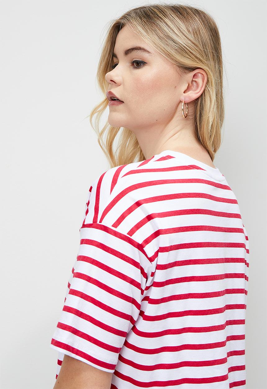 Blake - Striped boxy cropped tee red stripe - red/white