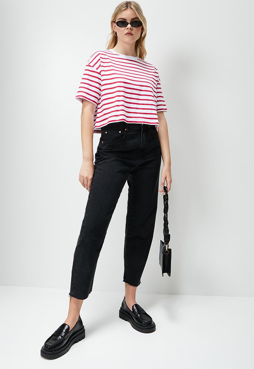 Blake - Striped boxy cropped tee red stripe - red/white