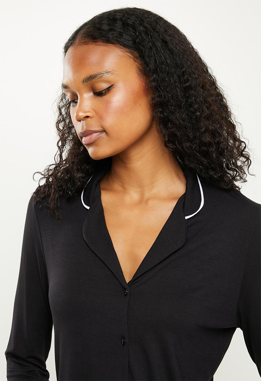 Missguided - Soft touch piping shirt short pj set - black