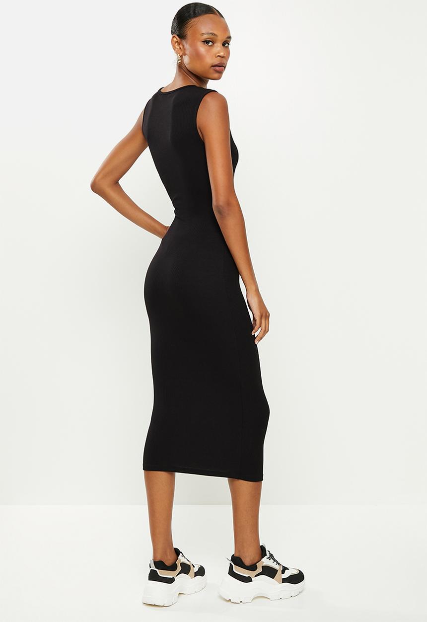Missguided - Rib sleeveless notch neck midi dress - black