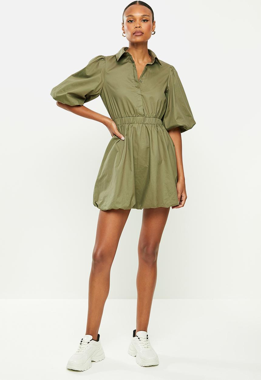 Missguided - Puffball shirt short sleeve poplin dress - khaki