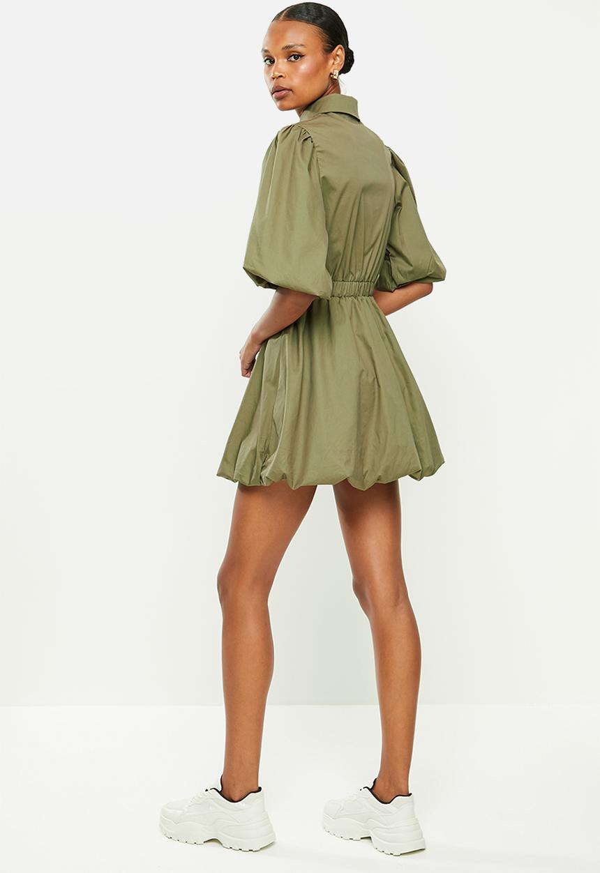 Missguided - Puffball shirt short sleeve poplin dress - khaki