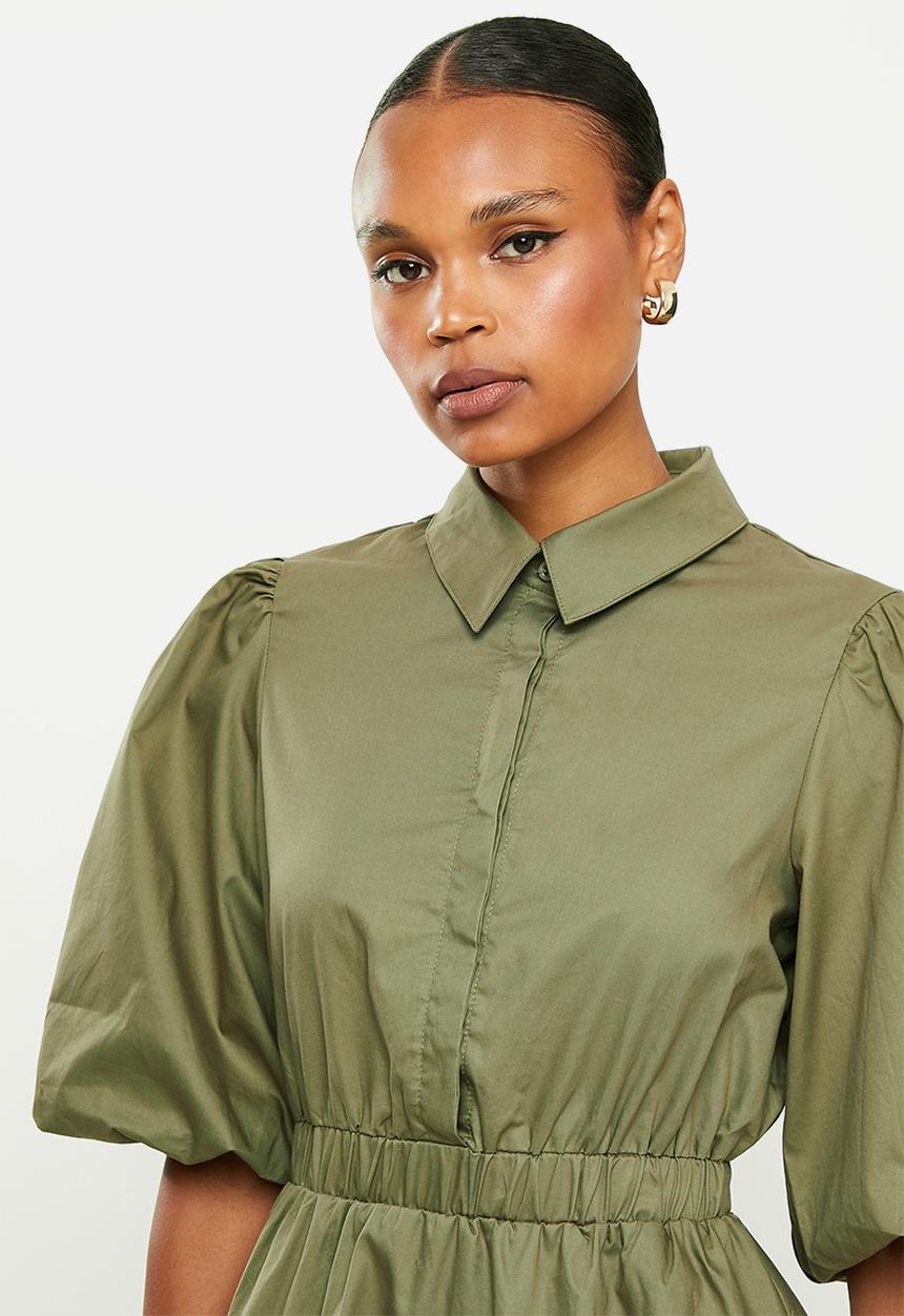 Missguided - Puffball shirt short sleeve poplin dress - khaki