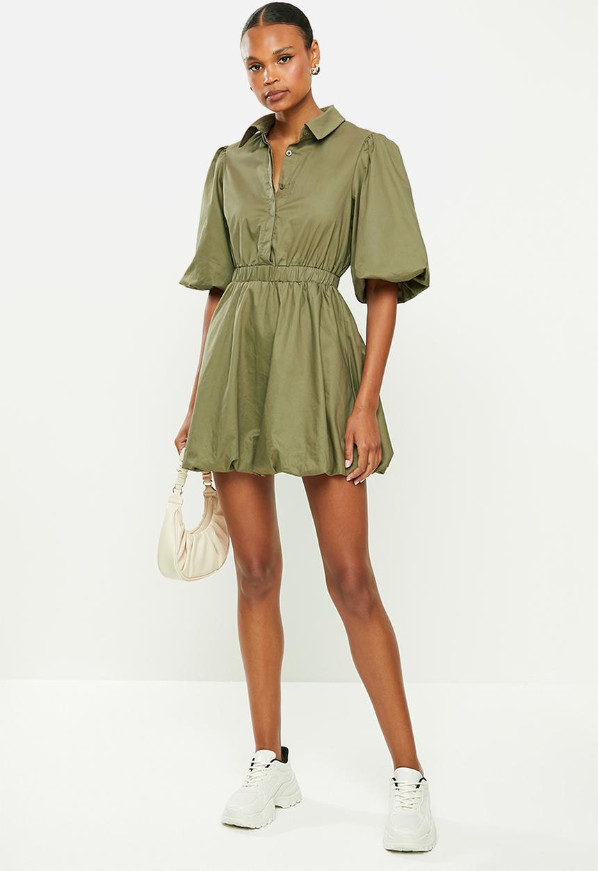 Missguided - Puffball shirt short sleeve poplin dress - khaki