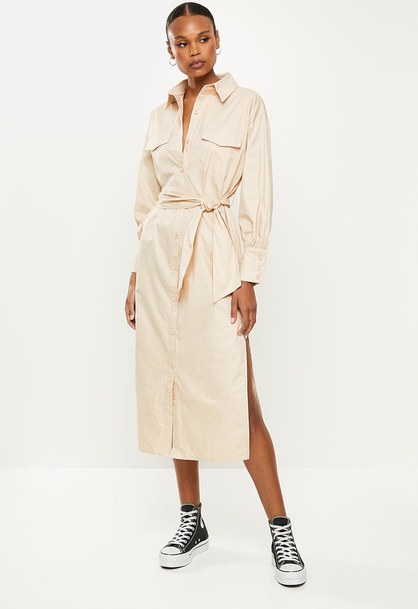Missguided - Belted utility poplin shirt dress - stone