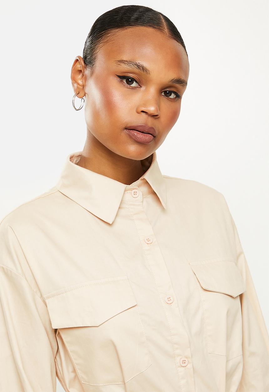 Missguided - Belted utility poplin shirt dress - stone