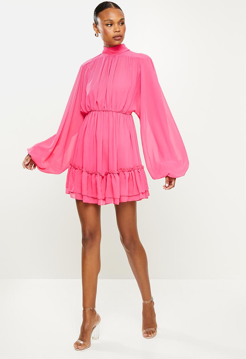 Missguided - High neck balloon sleeve dress - pink