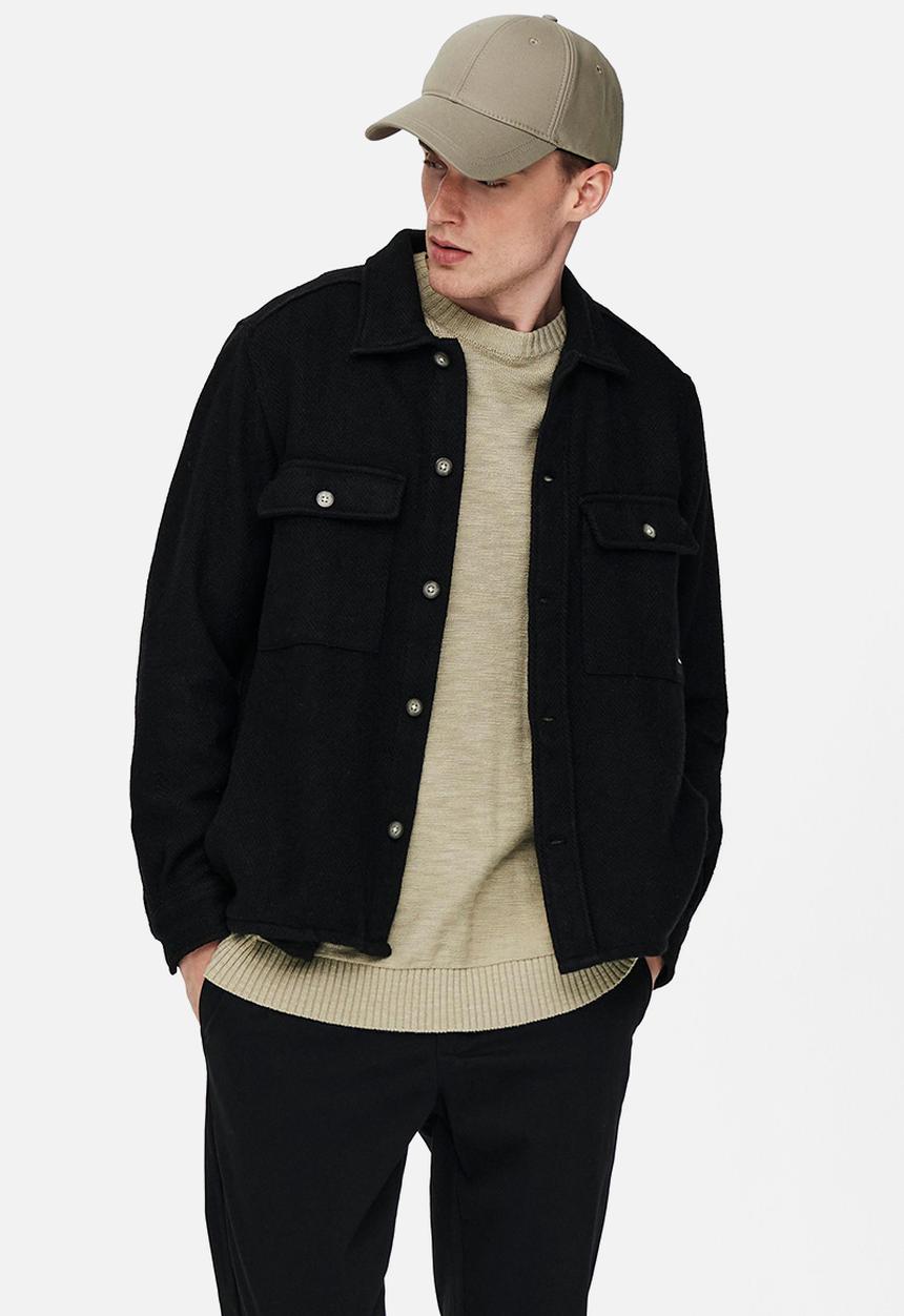 Only & Sons - Onsmillerd ls solid wool overshirt - black