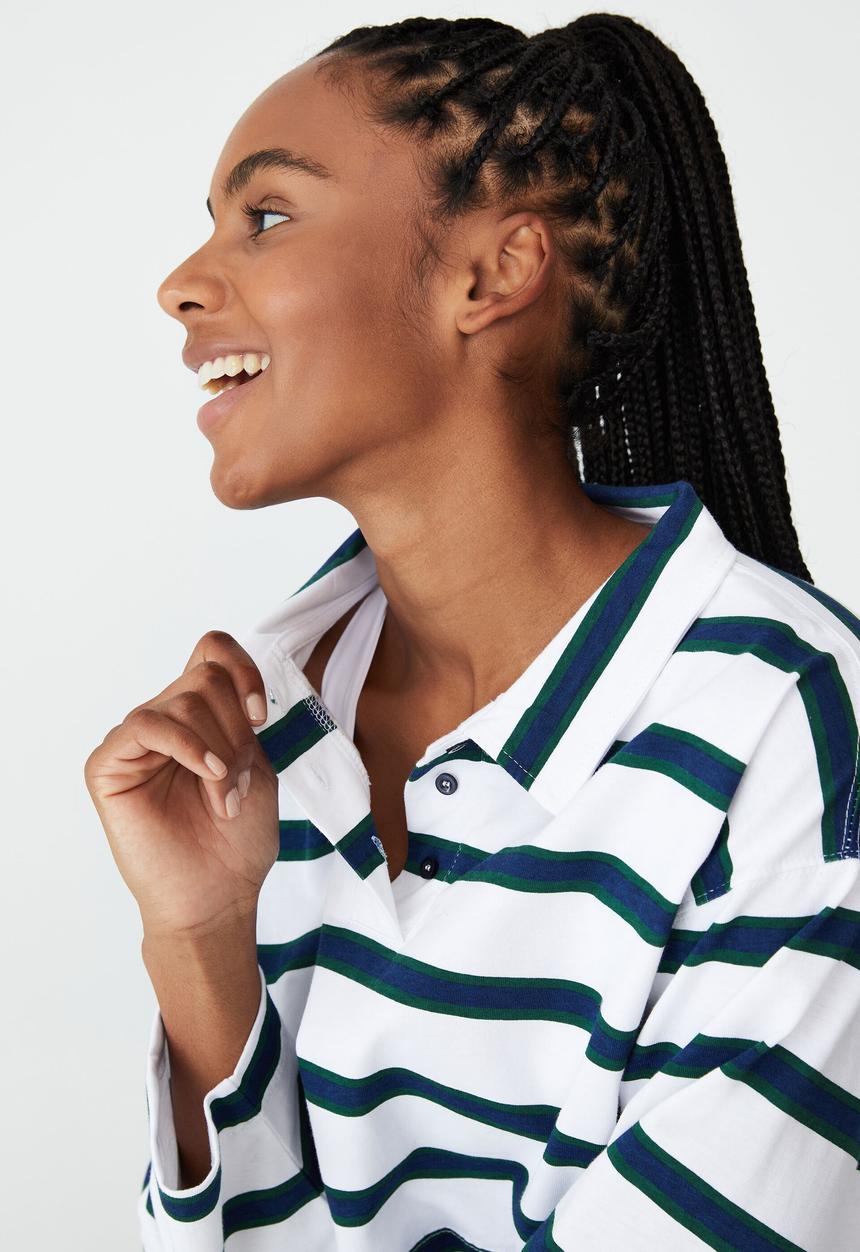 Cotton On - Polo long sleeve top - verdant green/navy/white stripe