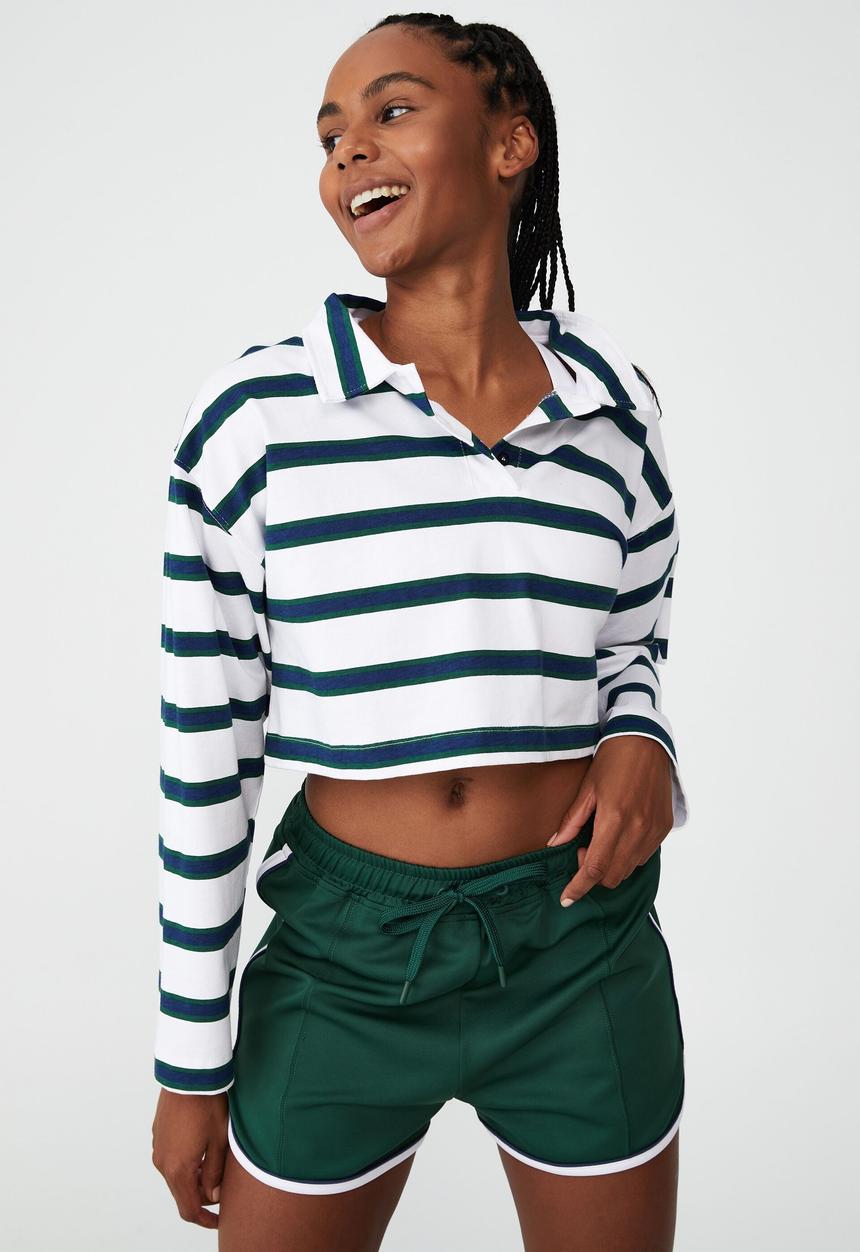 Cotton On - Polo long sleeve top - verdant green/navy/white stripe