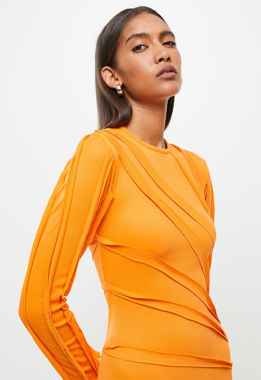 Missguided - Rib exposed seam asym hem mini dress - orange