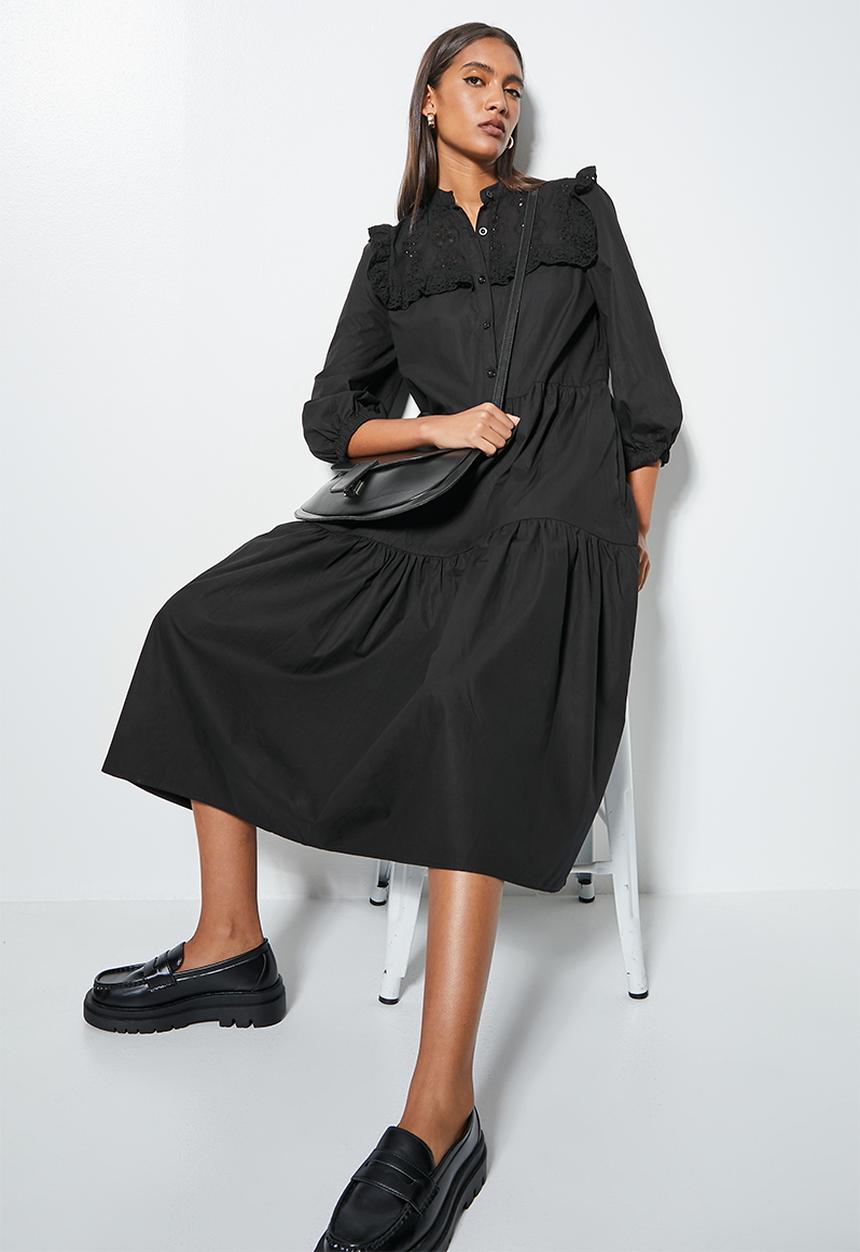 Superbalist - Crochet inset detail tiered dress - black