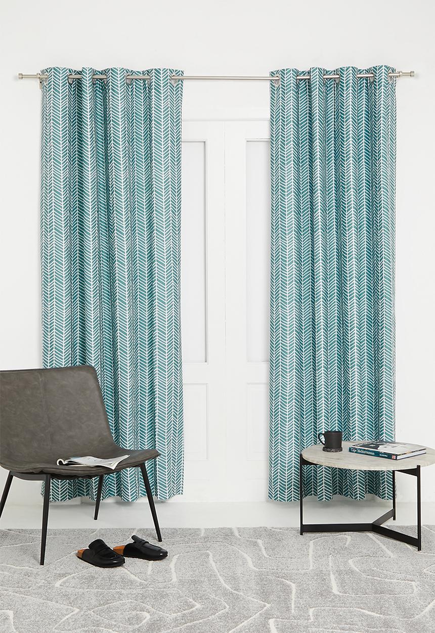 Sixth Floor - Herringbone printed eyelet curtain pack of 2 - duck egg blue