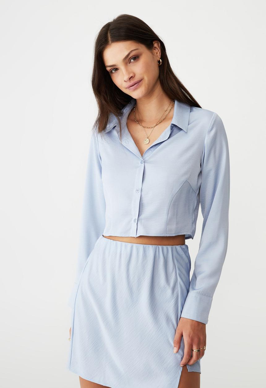 Cotton On - Fitted satin long sleeve shirt - soft blue