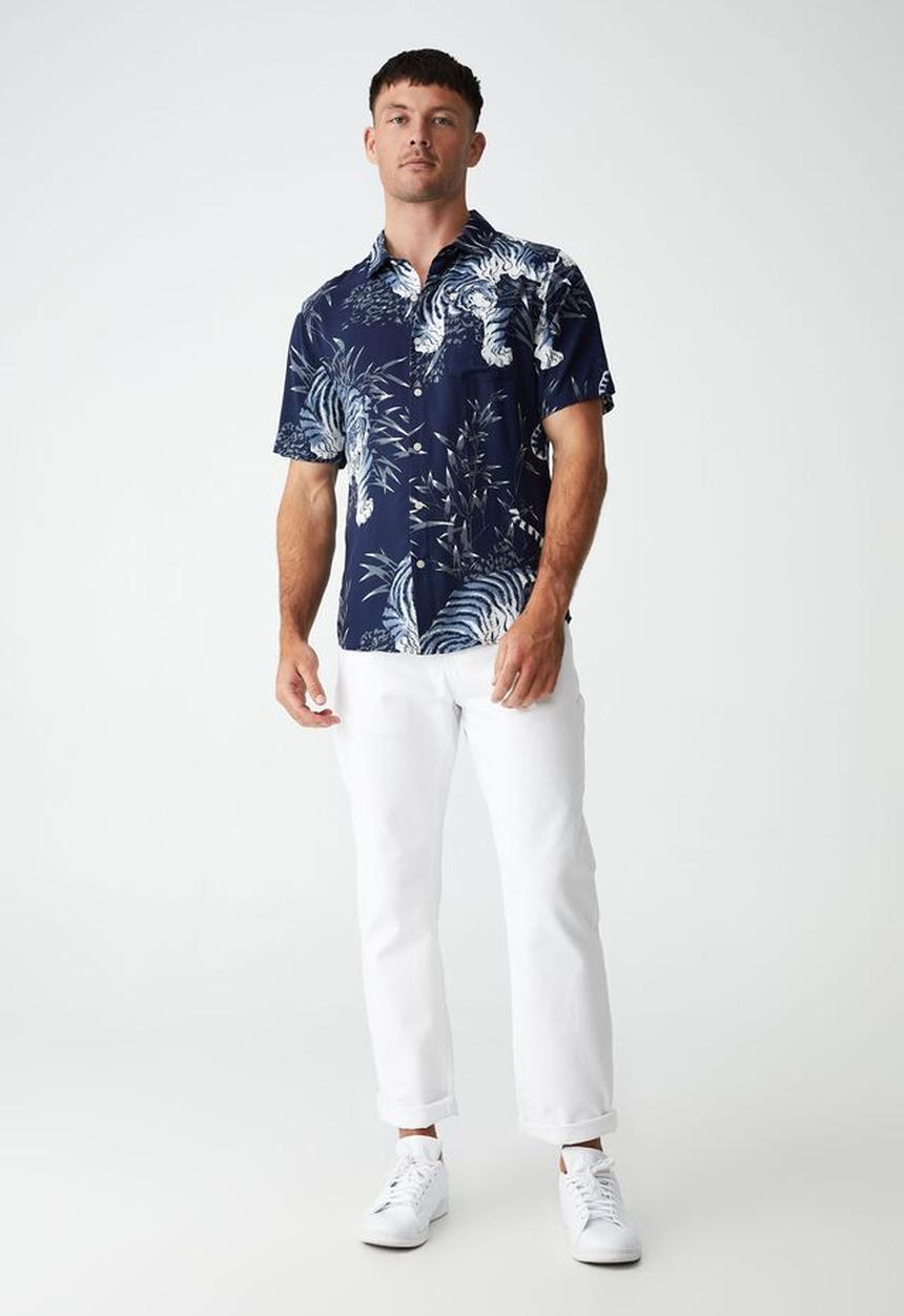 Cotton On - Vacay short sleeve shirt - navy oversize tiger